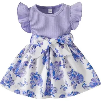 Kojenecké šaty Kojenecké šatičky s mašlí a květovanou širokou sukní Barva: fialová C, Velikost: 12-18 měsíců