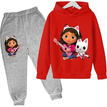 Gabby's Dollhouse Dětská tepláková souprava s potiskem na motivy oblíbeného seriálu "Gabby's Dollhouse" (červená) Barva: červená + šedá + kočka, Velikost: 130