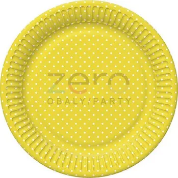 Jednorázové nádobí Tácek papírový kulatý s fólií pr. 18 cm (8 ks) - žluté s mini puntíky