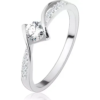 Prsten Zásnubní prsten, stříbro 925, lesklé zaoblené linie, kulatý čirý zirkon uprostřed - Velikost: 56
