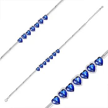 Náramek Nastavitelný náramek ze stříbra 925, modrá zirkonová srdíčka, zirkonové kontury srdcí