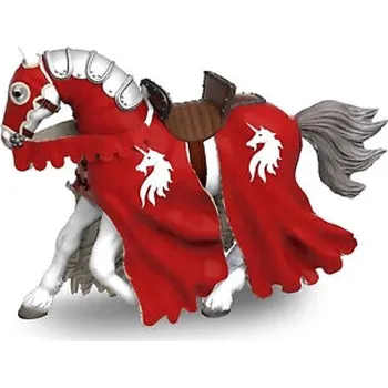 Figurka PAPO Kůň červený pro rytíře s kopím červený štít s jednorožcem