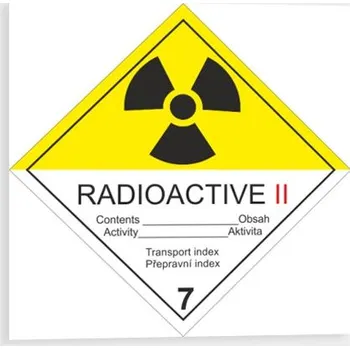 Radioaktivní látka v kusech kat. II. č. 7B Značení ADR Samolepka 100 x 100 mm tl. 0.1 mm - Kód: 02945
