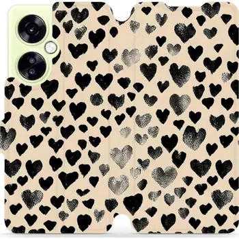 Pouzdro na mobilní telefon Flipové pouzdro Mobiwear - OnePlus Nord CE 3 Lite 5G - VA51S Černá srdíčka (Knížkové flip pouzdro, obal, kryt na mobil OnePlus Nord CE 3 Lite 5G - VA51S Černá srdíčka, materiál Umělá kůže + TPU - ochrana 360°, stojánek, silikonová vanička, magnetické)