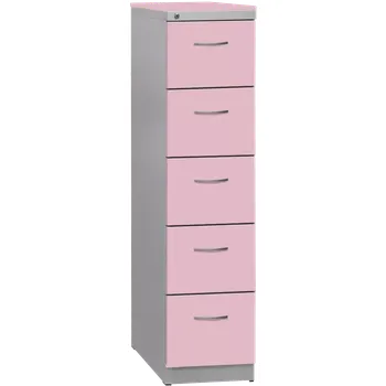 Kartotéka KRD 5 NEW kovová kartotéka s dřevěnými čely A4, 5-zásuvková, centrální zámek, korpus šedý/deska, čílka pastelově růžová