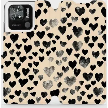 Pouzdro na mobilní telefon Flipové pouzdro Mobiwear - Xiaomi Redmi 10C - VA51S Černá srdíčka (Knížkové flip pouzdro, obal, kryt na mobil Xiaomi Redmi 10C - VA51S Černá srdíčka, materiál Umělá kůže + TPU - ochrana 360°, stojánek, silikonová vanička, magnetické zavírání)