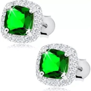 Náušnice Stříbrné náušnice 925, zelený zirkonový čtverec, dvojitý čirý lem, puzetky