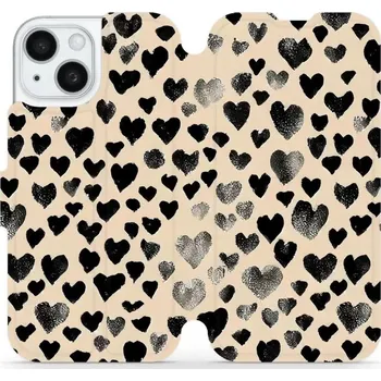 Pouzdro na mobilní telefon Flipové pouzdro Mobiwear - Apple iPhone 15 - VA51S Černá srdíčka (Knížkové flip pouzdro, obal, kryt na mobil Apple iPhone 15 - VA51S Černá srdíčka, materiál Umělá kůže + TPU - ochrana 360°, stojánek, silikonová vanička, magnetické zavírání)