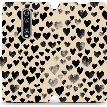 Pouzdro na mobilní telefon Flipové pouzdro Mobiwear - Xiaomi Mi 9T Pro - VA51S Černá srdíčka (Knížkové flip pouzdro, obal, kryt na mobil Xiaomi Mi 9T Pro - VA51S Černá srdíčka, materiál Umělá kůže + TPU - ochrana 360°, stojánek, silikonová vanička, magnetické zavírání)