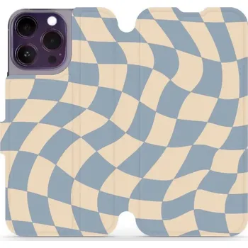 Pouzdro na mobilní telefon Flipové pouzdro Mobiwear - Apple iPhone 14 Pro Max - VA59S Modrá a béžová šachovnice (Knížkové flip pouzdro, obal, kryt na mobil Apple iPhone 14 Pro Max - VA59S Modrá a béžová šachovnice, materiál Umělá kůže + TPU - ochrana 360°, stojánek, silikonová)