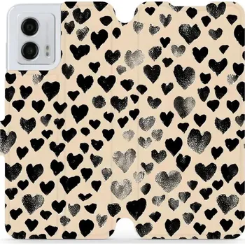 Pouzdro na mobilní telefon Flipové pouzdro Mobiwear - Motorola Moto G53 5G - VA51S Černá srdíčka (Knížkové flip pouzdro, obal, kryt na mobil Motorola Moto G53 5G - VA51S Černá srdíčka, materiál Umělá kůže + TPU - ochrana 360°, stojánek, silikonová vanička, magnetické zavírání)