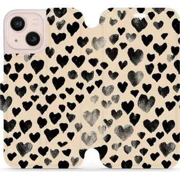 Pouzdro na mobilní telefon Flipové pouzdro Mobiwear - Apple iPhone 13 Mini - VA51S Černá srdíčka (Knížkové flip pouzdro, obal, kryt na mobil Apple iPhone 13 Mini - VA51S Černá srdíčka, materiál Umělá kůže + TPU - ochrana 360°, stojánek, silikonová vanička, magnetické zavírání)