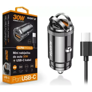 Rychlá autonabíječka ALIGATOR s odnímatelným kabelem, CL ALIGATOR PD30W USB,USB-C / USB-C kabel pro telefony ( i Apple iPhone 15) (Nabíječka do auta CL ALIGATOR PD30W USB-C+ USB,USB-C / USB C type kabel)