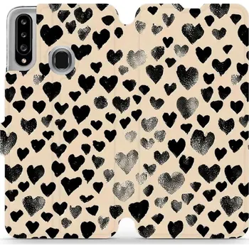 Pouzdro na mobilní telefon Flipové pouzdro Mobiwear - Samsung Galaxy A20S - VA51S Černá srdíčka (Knížkové flip pouzdro, obal, kryt na mobil Samsung Galaxy A20S - VA51S Černá srdíčka, materiál Umělá kůže + TPU - ochrana 360°, stojánek, silikonová vanička, magnetické zavírání)