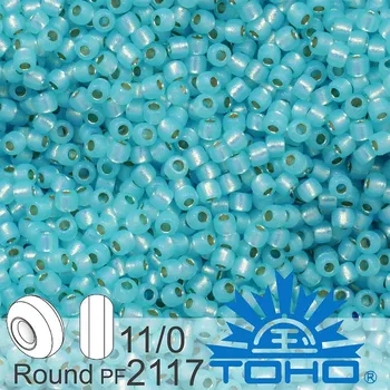 Korálek Korálky TOHO tvar ROUND (kulaté). Velikost 11/0. Barva PF2117 PermaFinish - Silver-Lined Milky Aqua. Balení 8g.