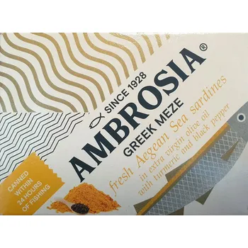 konzervovaná ryba Vialco Ambrosia sardinky v extra panenském olivovém oleji s kurkumou a černým pepřem 95g