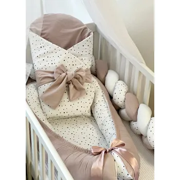 Příslušenství pro dětskou postel a kolébku Set do postýlky - pudrový s černým puntíkem