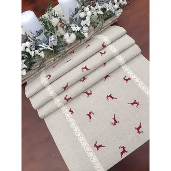 Vánoční dekorace Běhoun vánoční - červení vánoční jelínci na režné v kombinaci s režnou