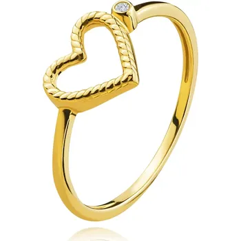 Prsten Prsten ze žlutého zlata 585 - vroubkované srdce, kulatý zirkon - Velikost: 54
