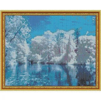 Diamantové malování Diamantové malování s RÁMEM - Zasněžené stromy nad rybníkem č.48 (40x50cm)