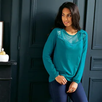 Dámské tričko Jednobarevné tričko s vyšívanou vsadkou a krajkou tyrkysová 42/44