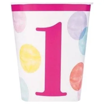 Kojenecká láhev Papírové kelímky 1. narozeniny růžové s puntíky - holka - 270 ml - 8 ks - happy birthday