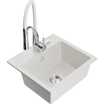 Granitový dřez Mexen Milo 1-miskový granitový dřez s kuchyňskou baterií Aster, bílá - 6505-20-73450-02