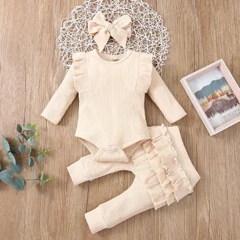 Kojenecké oblečení 3 dílný dívčí kojenecký set body + tepláčky + čelenka (vel. 0-18 měsíců) Barva: Béžová, Velikost: 3-6 měsíců