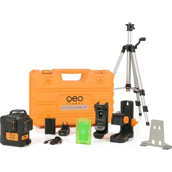 Měřící laser FLG 6X-Green MAXI SET sestává z liniového laseru se zeleným paprskem, Li-Ion aku, lehkého klikového stativu a dvou multifunkčních držáků