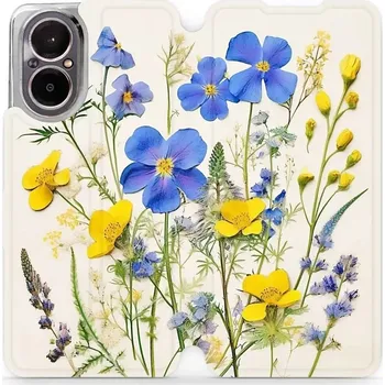 Pouzdro na mobilní telefon Flipové pouzdro Mobiwear - Realme C67 - VP41S Modré a žluté kvítky (Knížkové flip pouzdro, obal, kryt na mobil Realme C67 - VP41S Modré a žluté kvítky, materiál Umělá kůže + TPU - ochrana 360°, stojánek, silikonová vanička, magnetické zavírání)