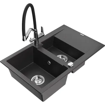 Granitový dřez MEXEN/S - Gaspar granitový dřez 1.5 s odkapávačem včetně baterie Duo, černá kropenatá 6507-76-671701-07