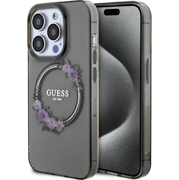 Pouzdro na mobilní telefon Guess PC/TPU Flowers Ring Glossy Logo MagSafe Zadní Kryt pro iPhone 15 Pro Max Barva: Černá