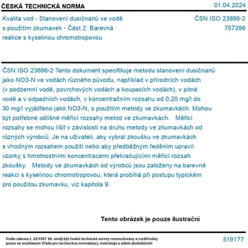 ČSN ISO 23696-2 - Kvalita vod - Stanovení dusičnanů ve vodě s použitím zkumavek - Část 2: Barevná reakce s kyselinou chromotropovou - Tisk