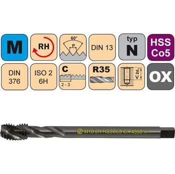 Ruční nářadí NÁSTROJE CZ Závitník strojní M12x1,75 ISO2 HSSCo5 OX DIN 376 RSP35 - CZZ4390-M12-ISO2