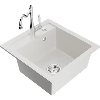 Granitový dřez Mexen Vito granitový dřez 1-komorový s kuchyňskou baterií Carla, bílý - 6503-20-670700-00 Granitové dřezy s baterií