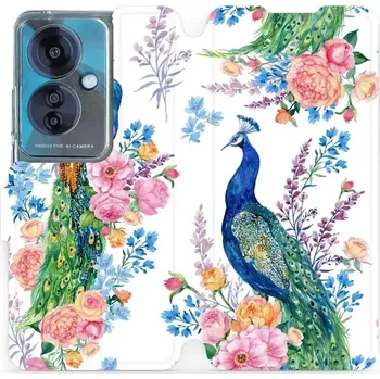 Pouzdro na mobilní telefon Flipové pouzdro Mobiwear - OPPO Reno 11 F 5G - MX08S Pávi (Knížkové flip pouzdro, obal, kryt na mobil OPPO Reno 11 F 5G - MX08S Pávi, materiál Umělá kůže + TPU - ochrana 360°, stojánek, silikonová vanička, magnetické zavírání)