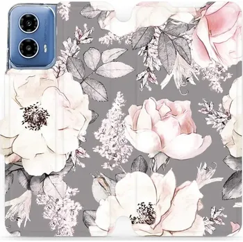 Pouzdro na mobilní telefon Flipové pouzdro Mobiwear - Motorola Moto G34 5G - MX06S Květy na šedém pozadí (Knížkové flip pouzdro, obal, kryt na mobil Motorola Moto G34 5G - MX06S Květy na šedém pozadí, materiál Umělá kůže + TPU - ochrana 360°, stojánek, silikonová vanička, magnetick