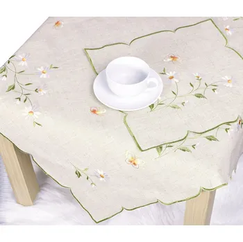 Stolování Ubrus celoroční, Kopretiny a motýli na režném vyšívaný, béžový