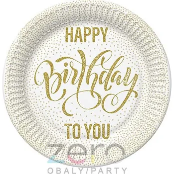 Jednorázové nádobí Tácek papírový kulatý s fólií pr. 18 cm (8 ks) - Happy Birthday zlaté