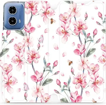 Pouzdro na mobilní telefon Flipové pouzdro Mobiwear - Motorola Moto G34 5G - M124S Růžové květy (Knížkové flip pouzdro, obal, kryt na mobil Motorola Moto G34 5G - M124S Růžové květy, materiál Umělá kůže + TPU - ochrana 360°, stojánek, silikonová vanička, magnetické zavírání)