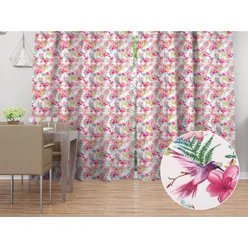 ubrus Bavlněný závěs Sandra SA-493 Kolibříci s růžovými květy na bílém 150x240 cm