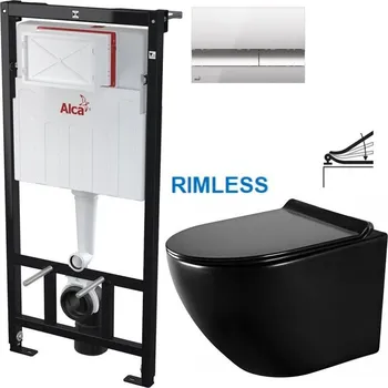 Klozet Předstěnový instalační systém s chromovým tlačítkem M1721 + WC MEXEN LENA ČERNÁ Rimless + SEDÁTKO AM101/1120 M1721 ME01