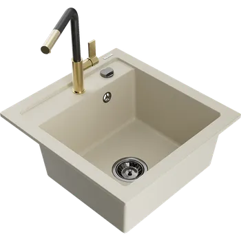 Granitový dřez Mexen Vito granitový dřez s 1 komorou a kuchyňskou baterií Flora, béžový - 6503-69-670401-57-B Granitové dřezy s baterií