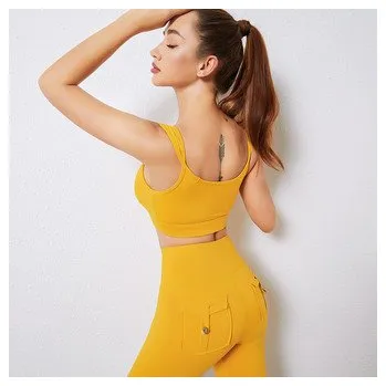 Sportovní set s krátkými legínami a kapsami, žlutá XL