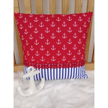 Povlak na dekorativní polštářek Povlak na polštář 40 x 40 cm – Kotvičky a námořnické pruhy s červenou krajkou | Ruční výroba z bavlny