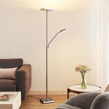 Lampička Lindby LED stojací lampa Sumani, hranatá, nikl, výška 180 cm - Stínidlo na lampu velké - délka/šířka 22,5 cm; stínidlo malé - délka 10 cm, šířka 8 cm; délka kabelu 190 cm nikl satinovaný 1 x 27 W LED + 1 x 6 W LED - Doprava zdarma