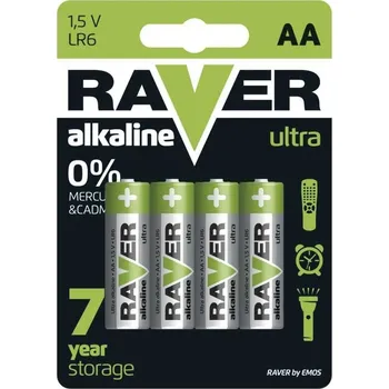 Článková baterie Alkalické baterie RAVER AA (LR6) 1,5V, balení 4 ks s dlouhou životností, spolehlivým výkonem a skladovatelností až 7 let - EMOS - B7921 - B7921