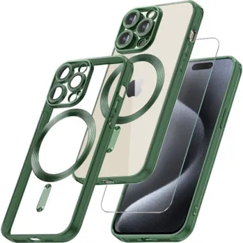 Pouzdro na mobilní telefon Sada tvrzené sklo + silikonový průhledný kryt Magsafe s ochranou fotoaparátu pro iPhone 13 Pro Max Barva: Zelená