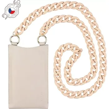 Pouzdro na mobilní telefon Crossbody kožená taštička přes rameno s kapsičkou FIXED Venezia s černým řetízkem pro mobily do 7" - krémová (Kožená taštička přes rameno s kapsou FIXED Venezia pro 7" mobilní telefony s černým řetízkem, krémová)