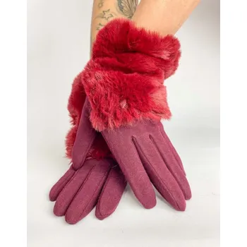Rukavice Dámské rukavice s kožešinou bordó, VELIKOST UNI